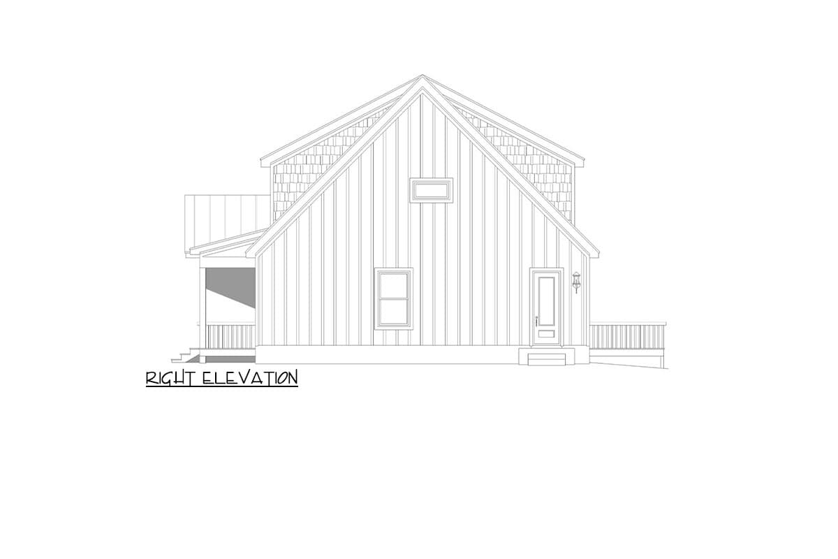 Right elevation drawing of a house with vertical siding, gabled roof, porch, and deck.