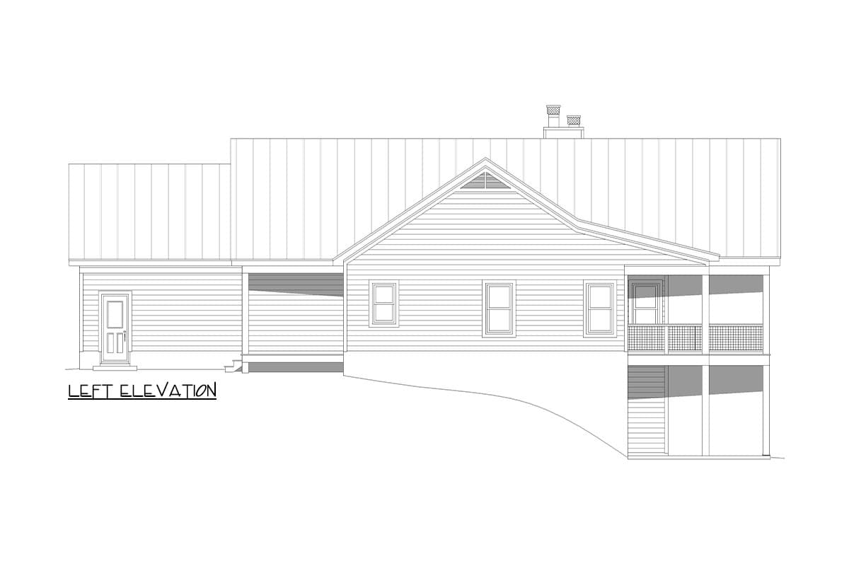 Left elevation of a house plan showing a gable roof, attached garage, covered entryway, and a two-level porch with railing.