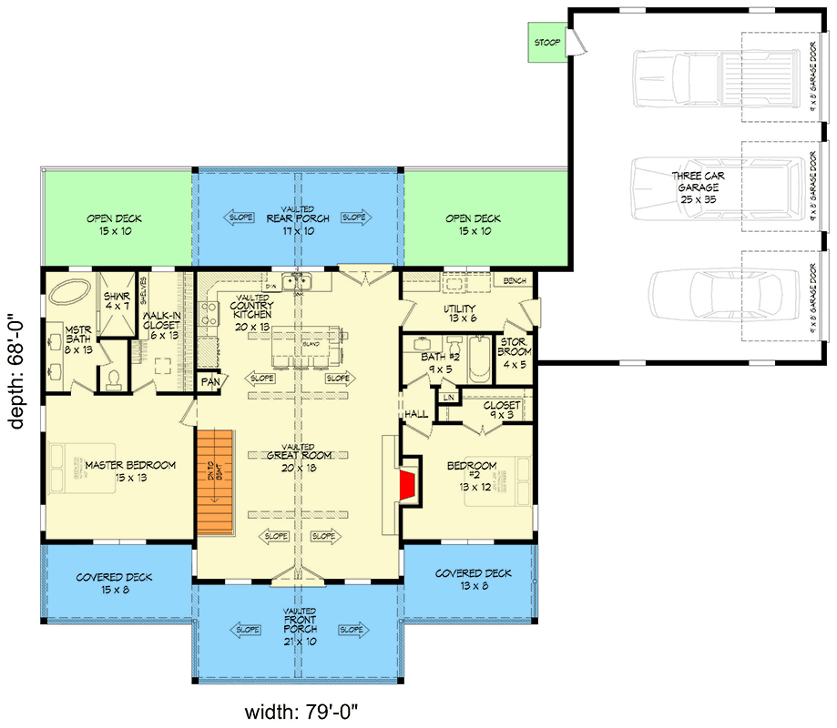 Plan 680305VR: 2-Bed Lake House Plan with 3-Car Garage - 1485 Sq Ft - Floor Plan - Main Level - Country, Mountain