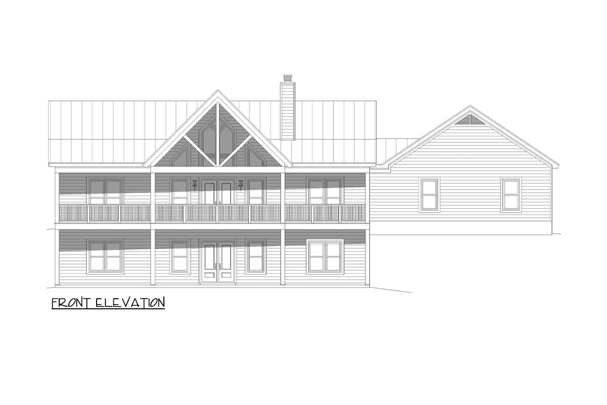 Front elevation drawing of a two-story house plan with a prominent gable, metal roof, and double balconies.