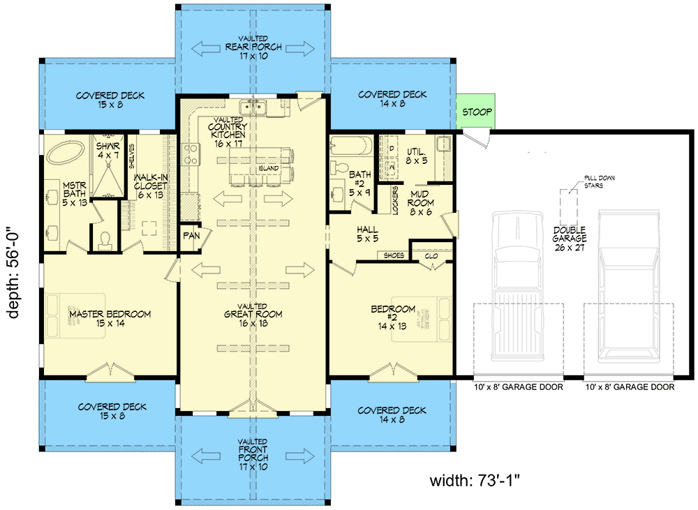 Plan 680306VR: Rustic Cabin House Plan with 2 Beds and 2-Car Garage - 1442 Sq Ft - Floor Plan - Main Level - Cottage, Country, Craftsman, Mountain, Traditional
