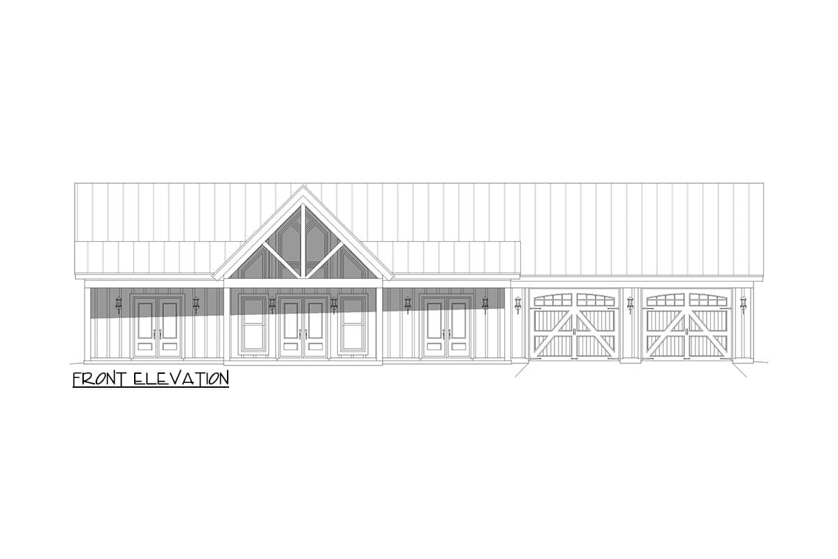 Front elevation drawing of a house plan showing a covered porch, multiple double doors, and a three-car garage with distinctive door detailing.