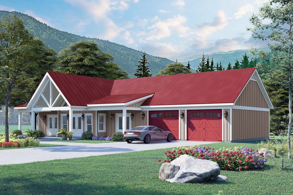 House plan exterior. Ranch-style home with a gabled roof, covered porch, and attached garage. Includes two stories and a red metal roof.