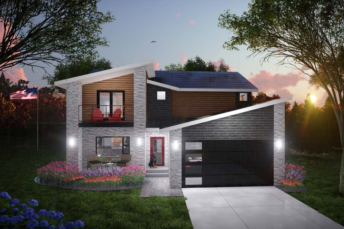 House plan exterior with two stories, board and batten siding, mixed rooflines, stone veneer, balcony, and attached garage.