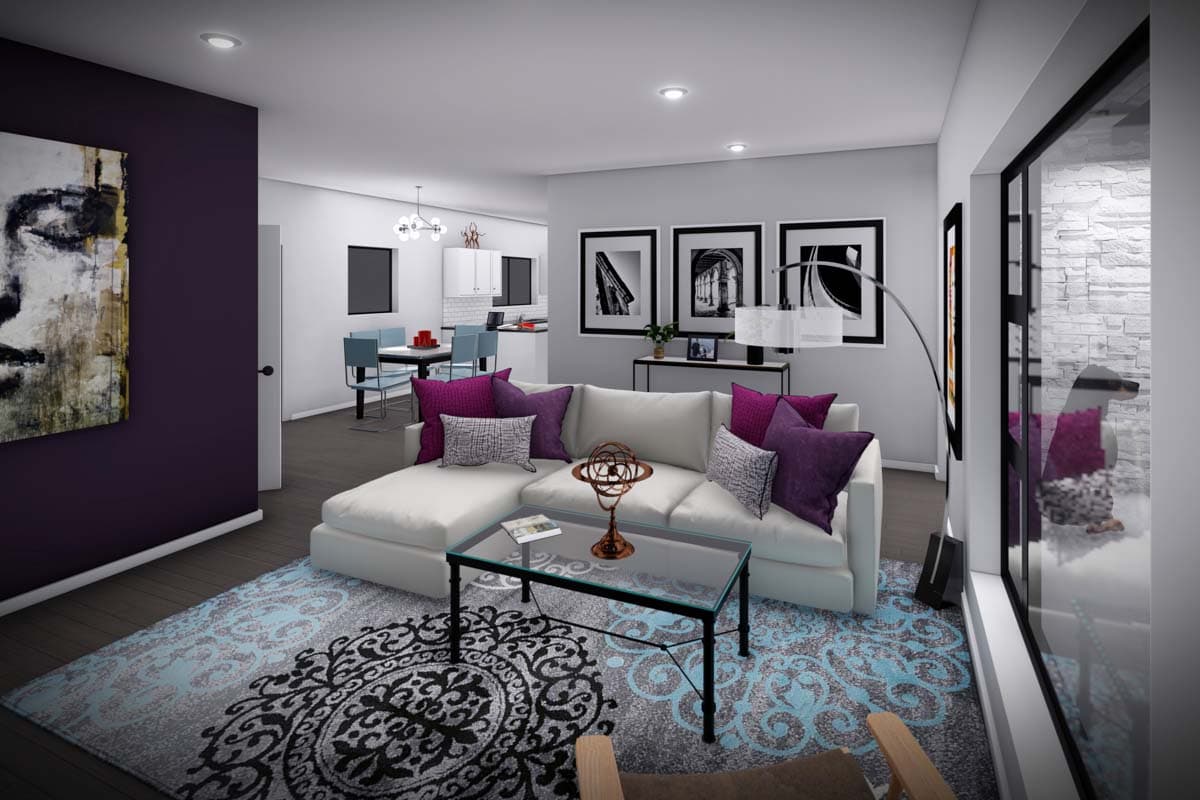 Rendering of an open concept living and dining area with white sectional sofa, glass coffee table, dining set, and artwork.