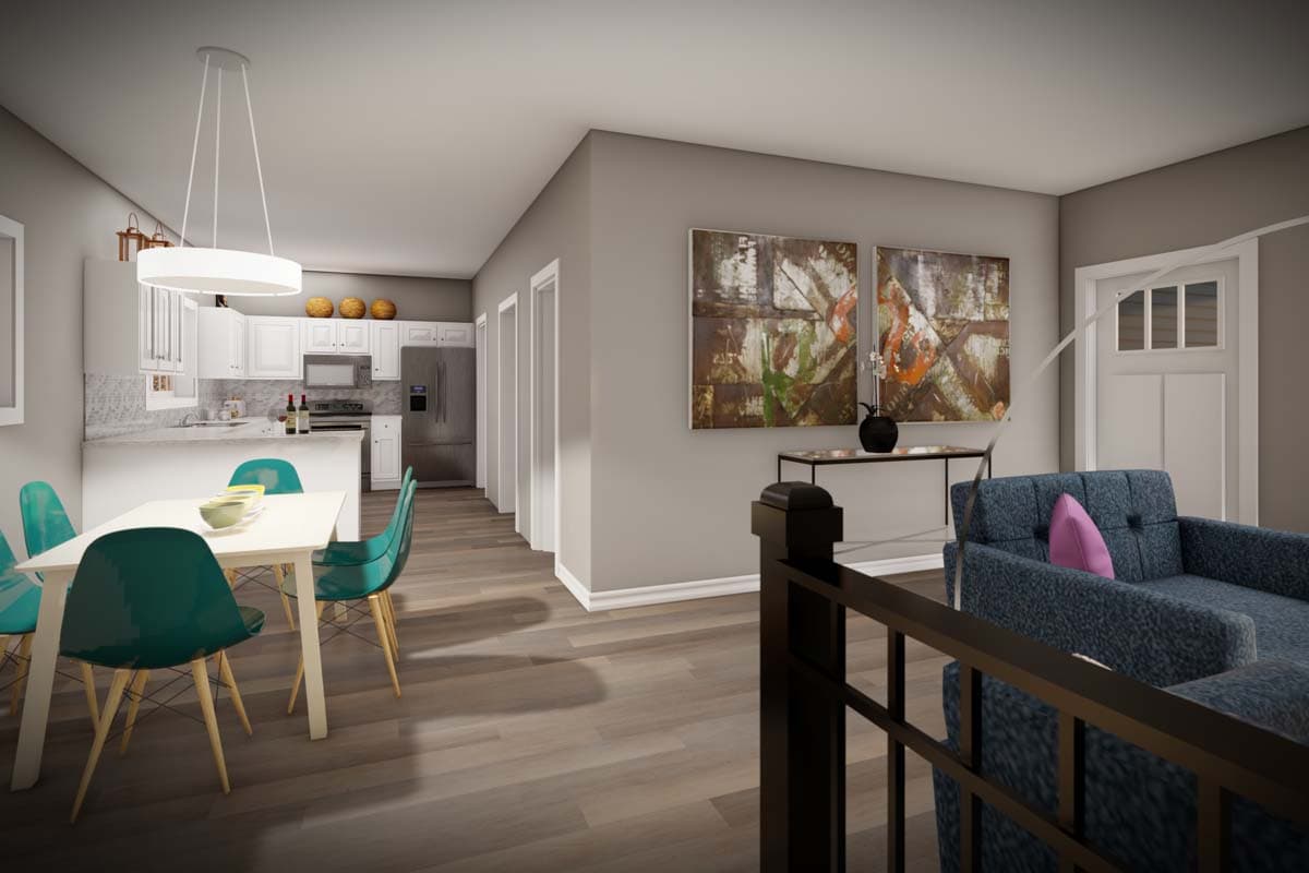 Interior rendering of an open-plan living area with a dining space, kitchen with white cabinetry, and a sectional sofa.