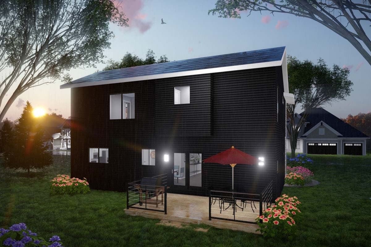 House plan exterior: two-story Modern style home with horizontal siding, deck, and exterior lighting.