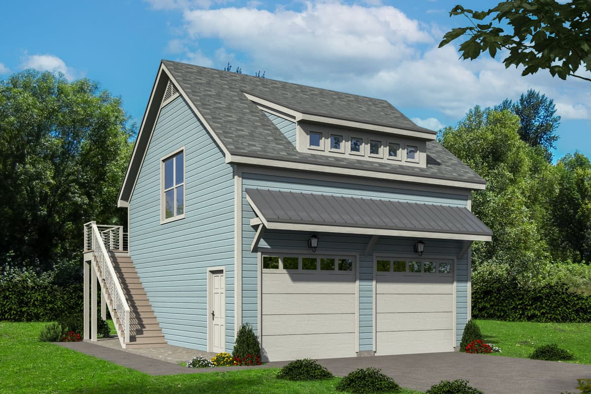 Two-story house plan exterior with two garage doors, a side entrance, and a pitched roof with dormer windows.