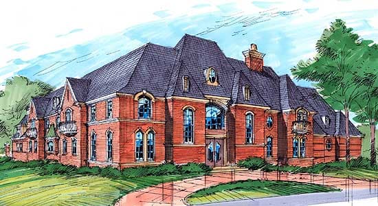 French Renaissance house plan exterior, multiple stories, brick facade, Mansard roof, dormers, arched windows, and balconies.