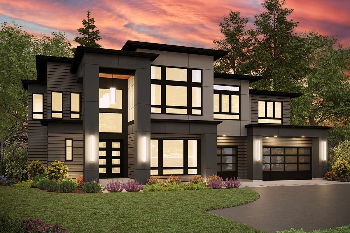 Modern two-story house plan exterior with geometric massing, multiple large windows, horizontal siding, and a two-car garage.