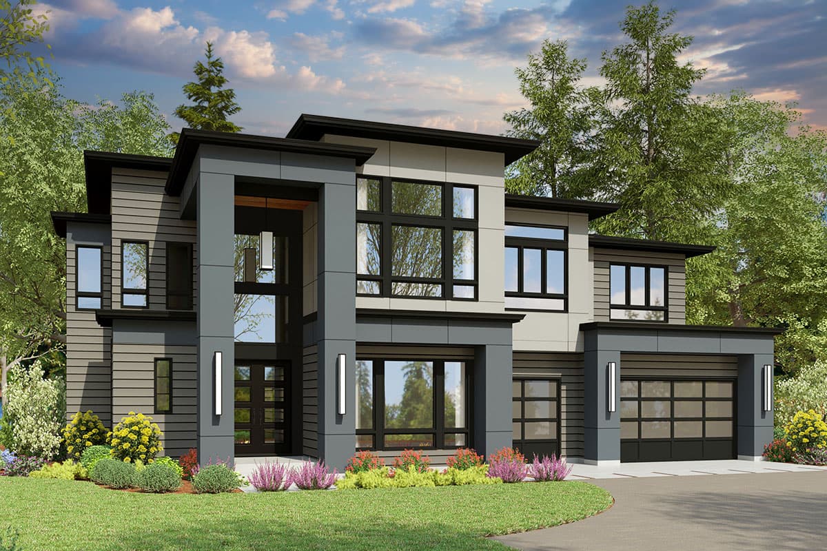 House plan exterior. Modern style, two-story home with large windows, flat roof, and attached garage. Includes vertical siding and a covered entry.