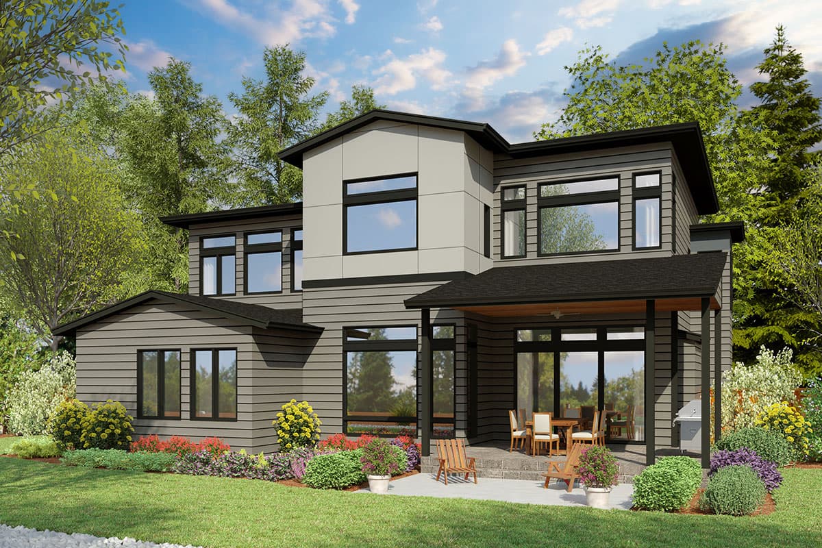 Modern two-story house plan with flat roof, horizontal siding, contrasting geometric facade, and covered patio.