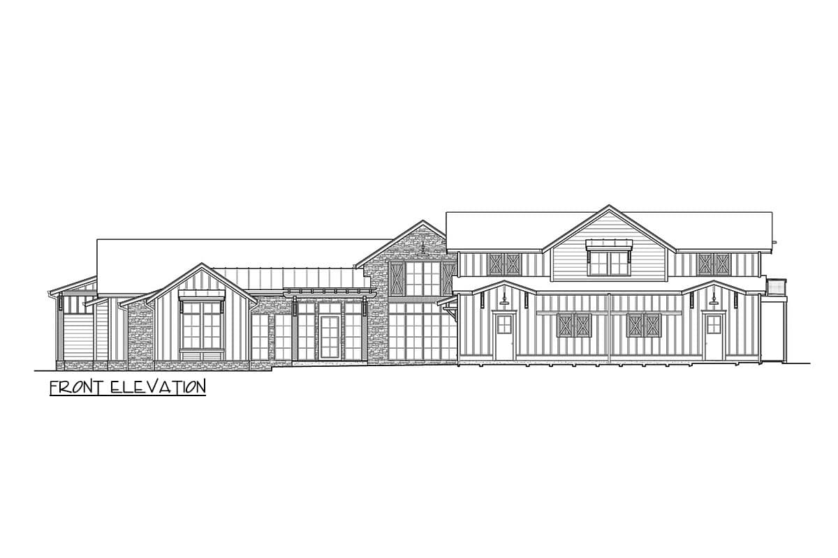 Front elevation drawing of a modern farmhouse house plan with multiple gables, stone accents, and large windows.