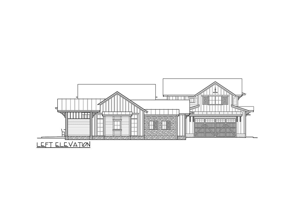 Left elevation house plan with gables, stone accents, a covered porch, and a two-car garage.