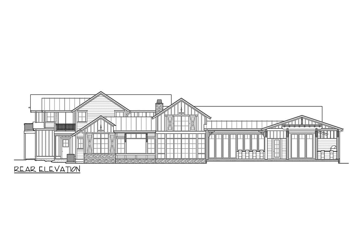 Rear elevation house plan shows multiple gables, large windows, covered porches, and a balcony.