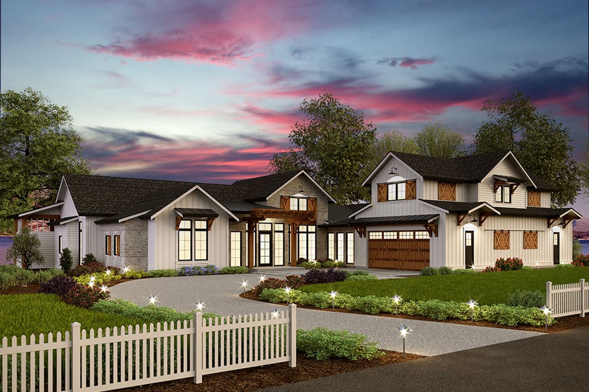 House plan exterior. Two-story Modern Farmhouse with gables, a covered porch, and a side-entry garage. White siding with dark roof.