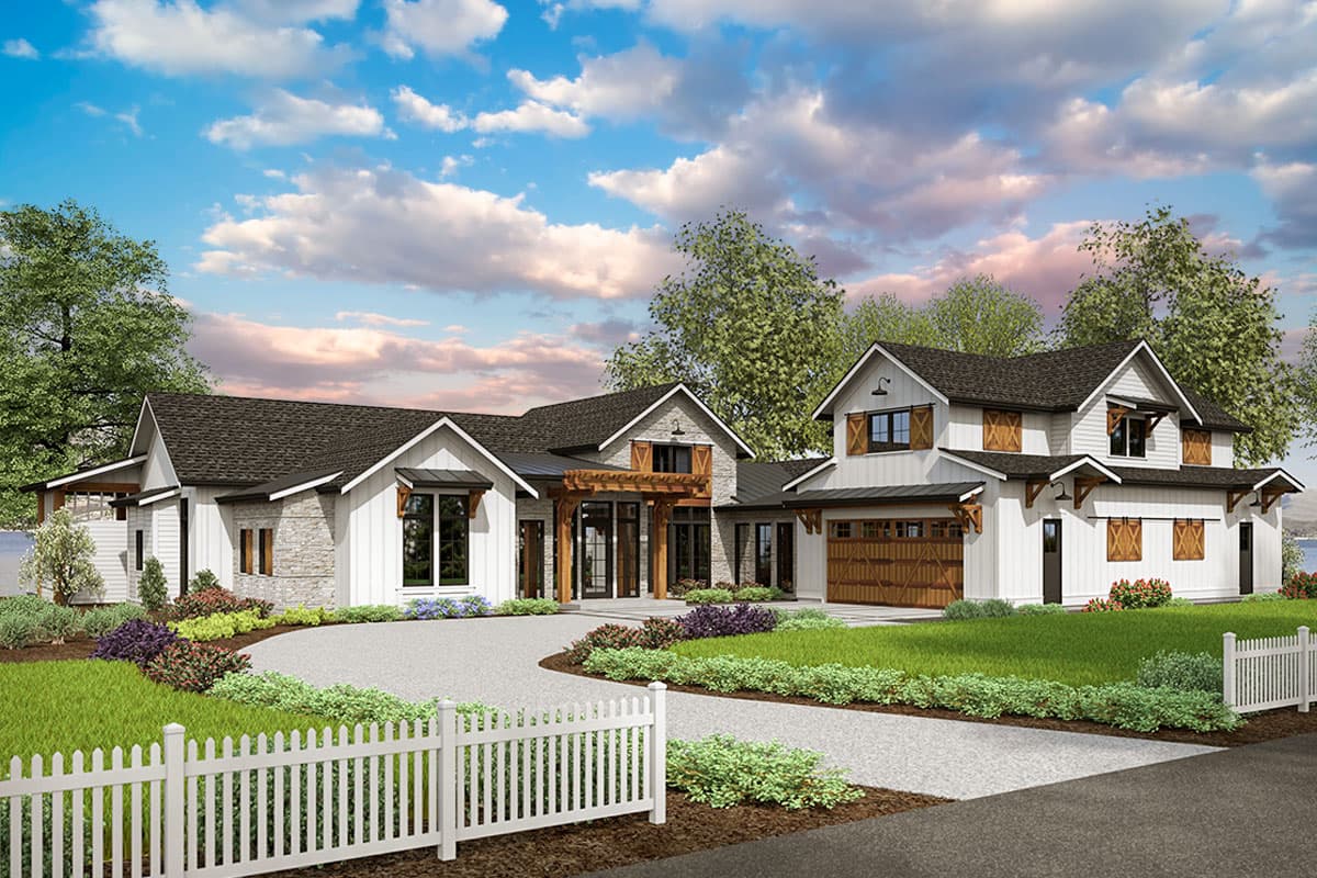 Modern Farmhouse house plan exterior with board-and-batten siding, stone accents, a two-car garage, and a covered entrance.