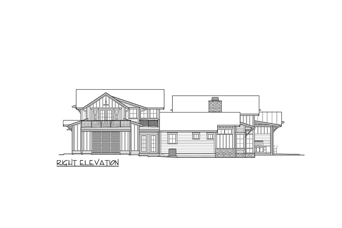 Right elevation drawing of a multi-story house plan with a prominent gabled dormer, attached garage, and stone chimney.