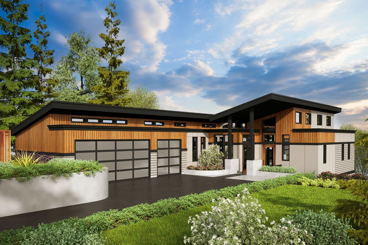 House plan exterior with modern design. Features include a two-car garage, flat roof, and an entry with supporting columns. Two-story portion visible.