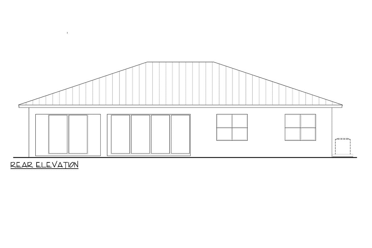 Rear elevation drawing of a house plan with a gabled roof, multiple sliding glass doors, and two double-hung windows.