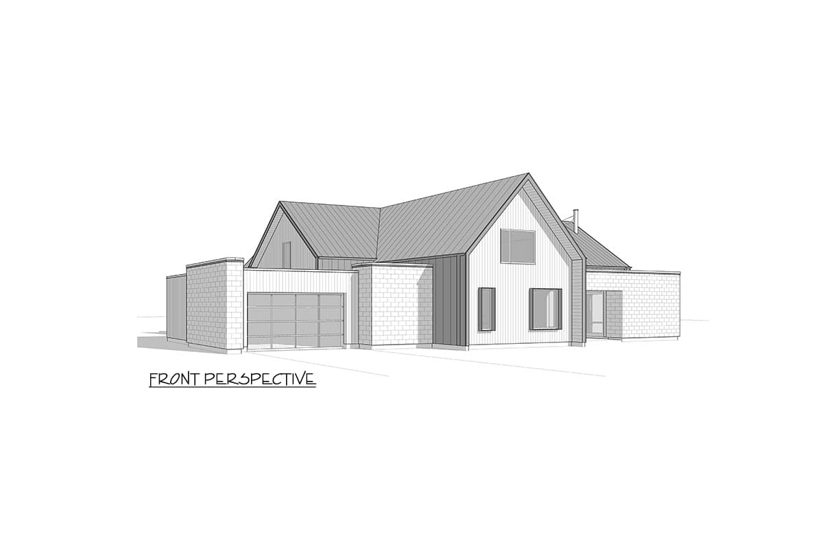 House plan exterior featuring a metal roof, brick facade, garage, and vertical siding.