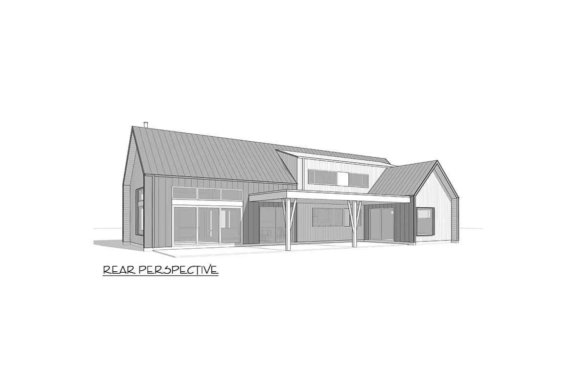 Rear perspective of a two-story house plan with a metal roof, large windows, covered patio, and gable dormers.