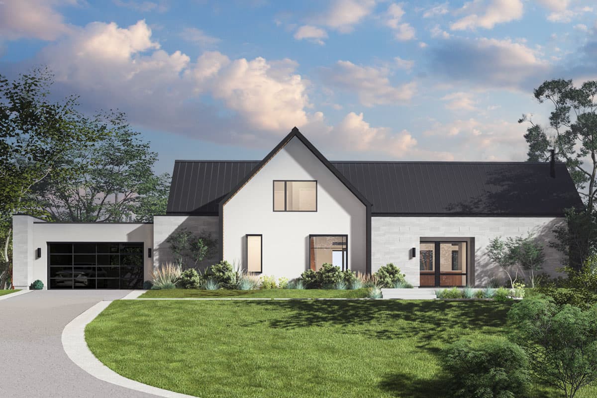 Modern farmhouse house plan exterior with a gabled roof, a single-story design, and attached garage. Includes large windows and a dark metal roof.