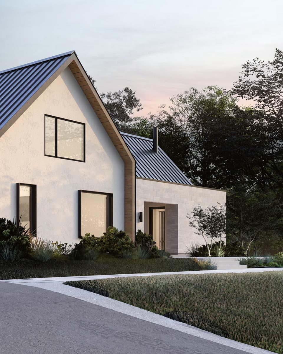 House plan exterior featuring a metal gable roof, stucco and stone facade, and large rectangular windows.