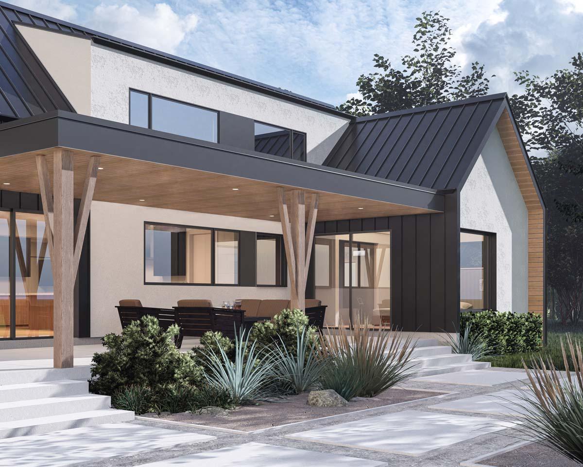 Modern house plan exterior with dark metal roof, stucco siding, covered patio with wood beams, and large windows.