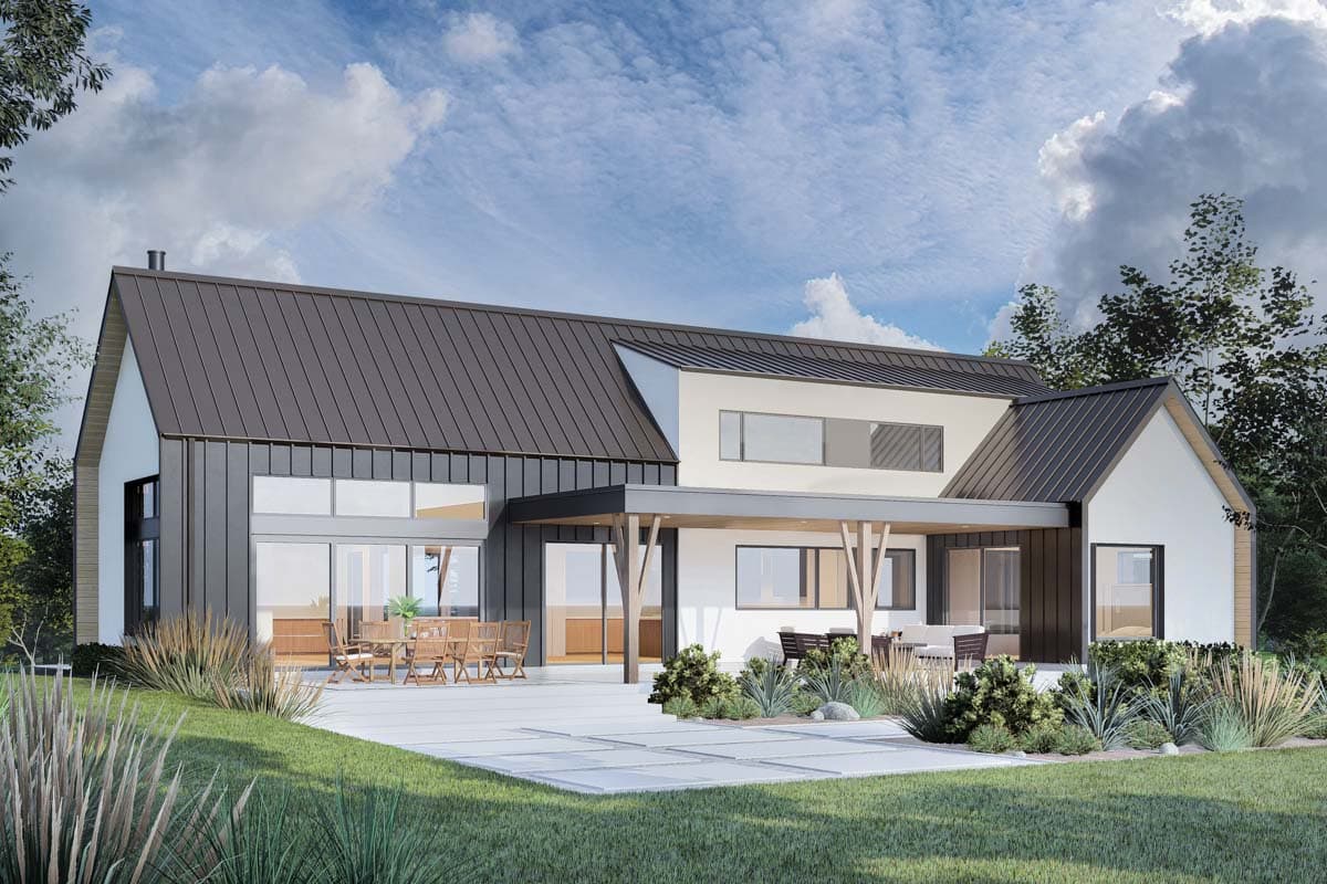 Modern house plan exterior with gabled rooflines, large windows, covered patio with wooden supports, and light-colored siding.