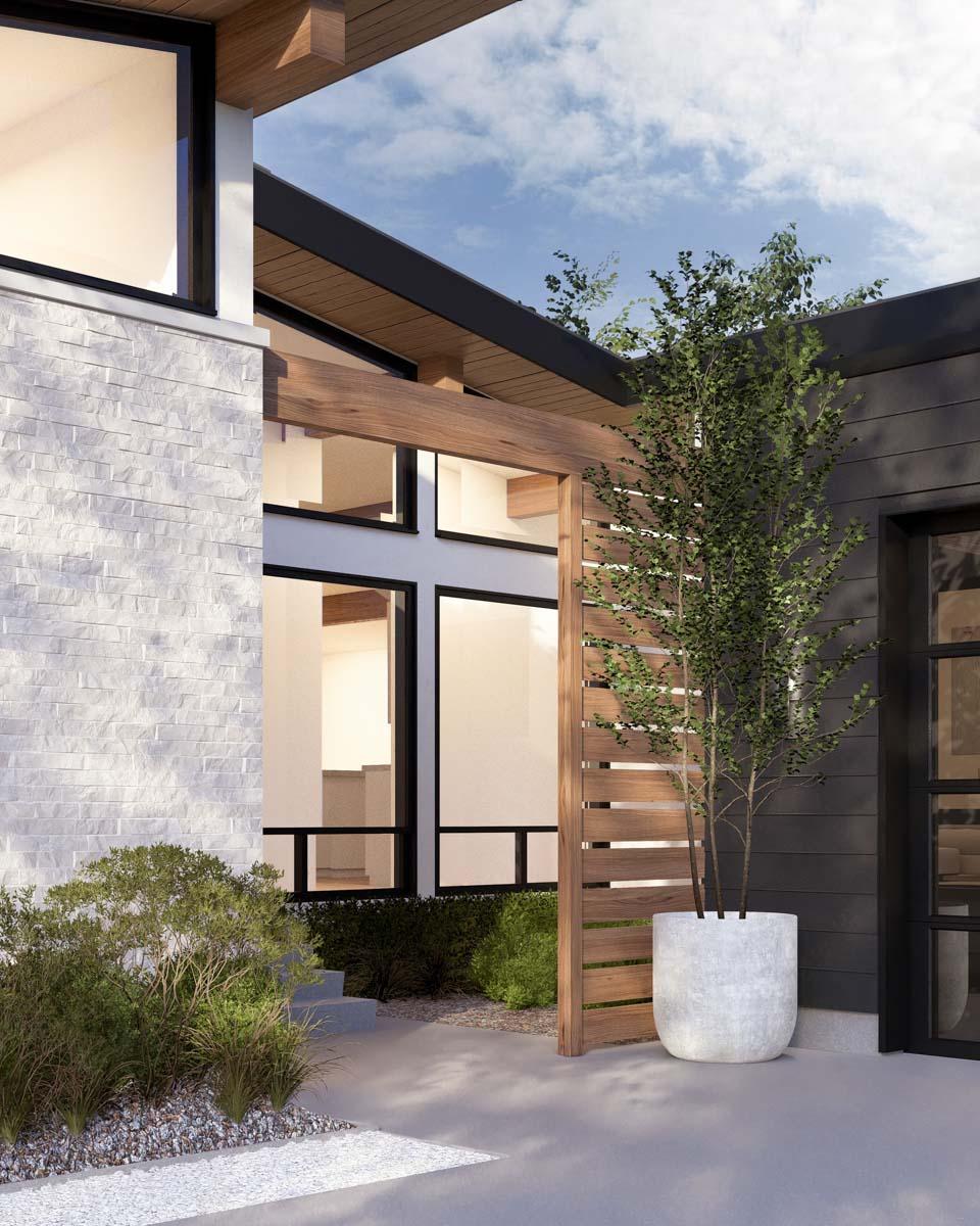 Modern house plan exterior with stone facade, dark siding, large windows, and wood accents.