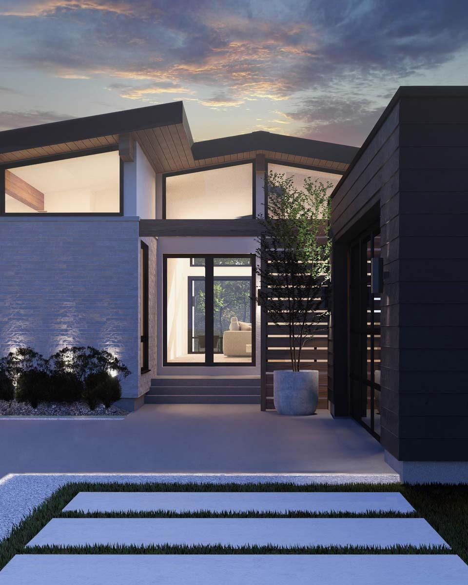 Modern house plan exterior with asymmetric rooflines, large windows, and stone and wood facade.