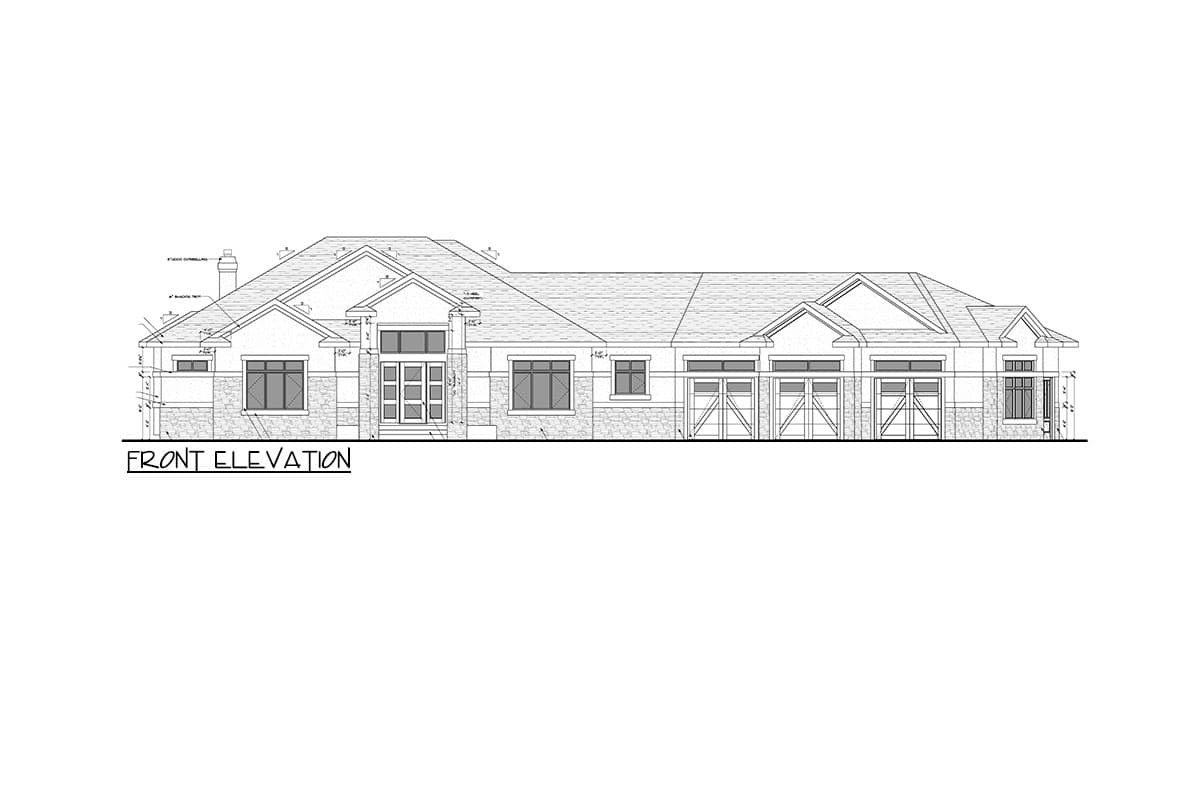 Front elevation drawing of a single-story house plan with multiple gables, a prominent entryway, and a three-car garage.