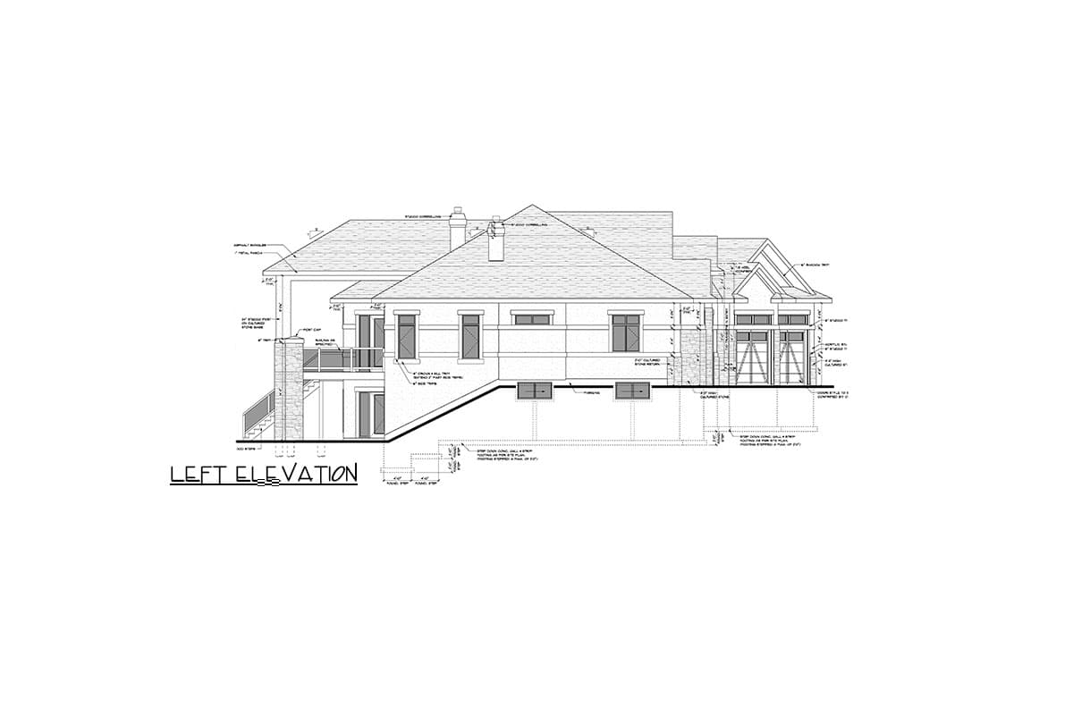 Left elevation house plan drawing showing rooflines, gables, windows, and chimney.