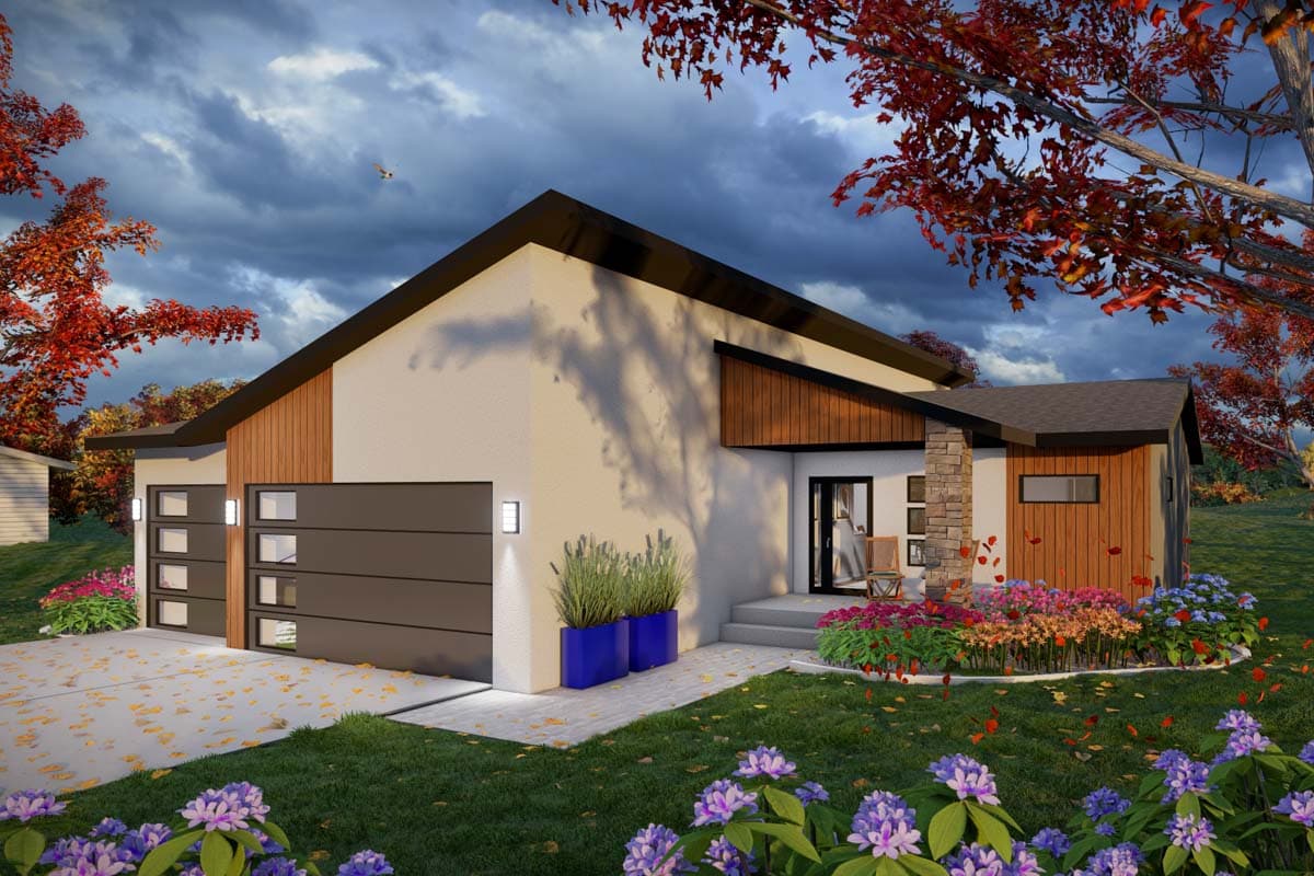 Modern house plan exterior: one-story, stucco facade, two-car garage with glass panels, wood accents, stone column entryway.
