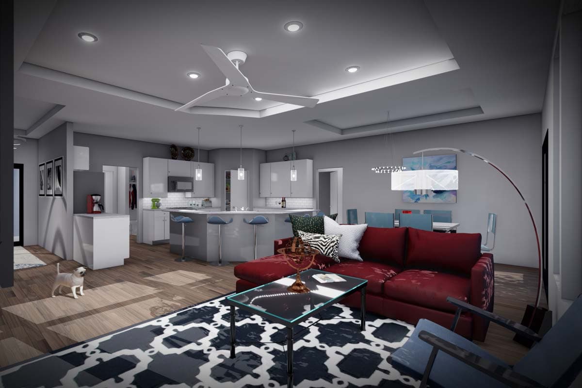 Interior rendering of an open-concept living area with a modern kitchen, large island with bar stools, and a sectional sofa.