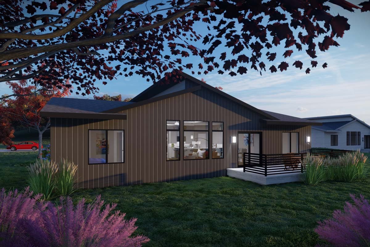 House plan exterior: Modern single-story with vertical siding, large windows, and covered porch with black railing.