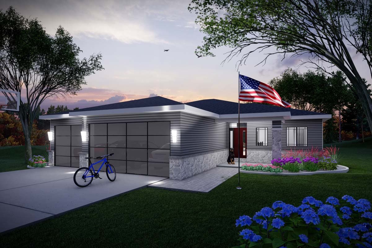 House plan exterior. Modern style with a single story, flat roof, and two-car garage. Features include horizontal siding and stone accents.