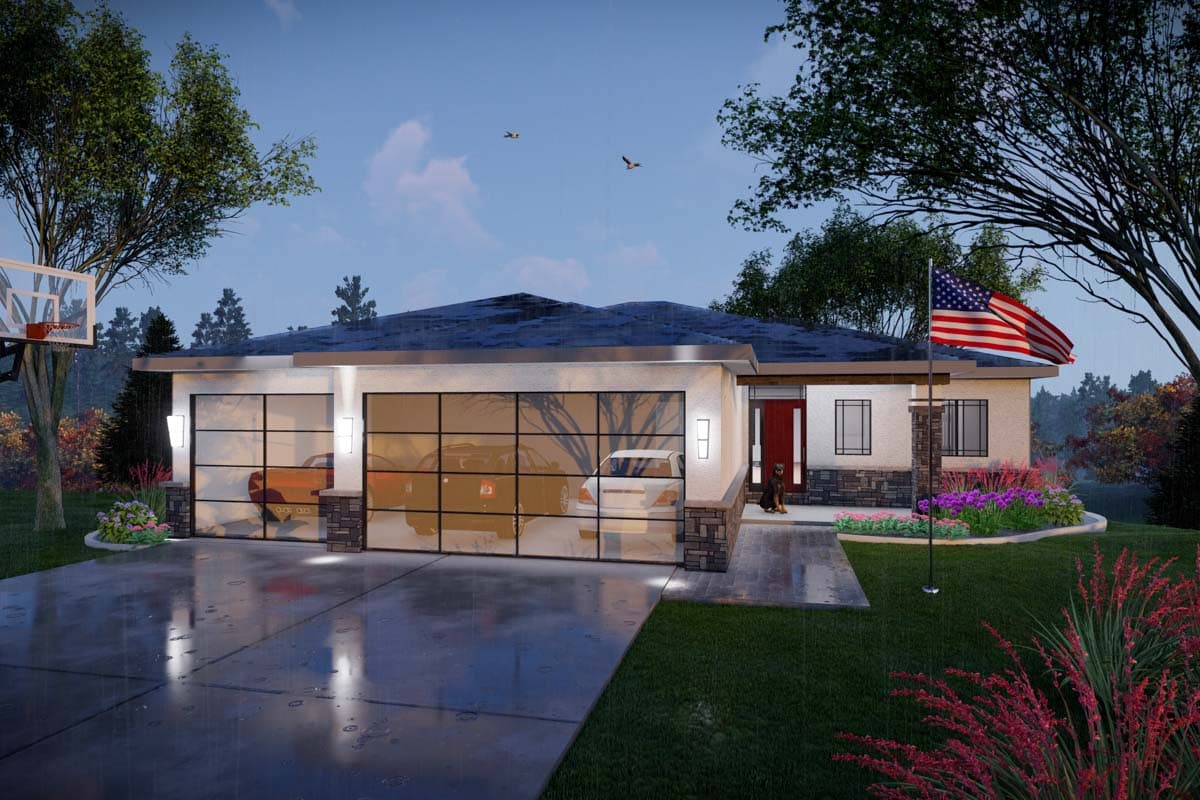 House plan exterior: single-story modern home with dual glass garage doors, prominent entry, and stone accents.