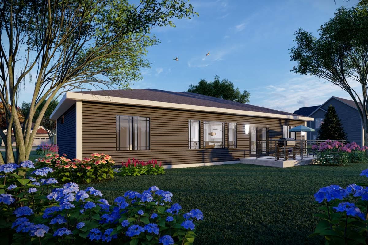 Ranch house plan exterior with horizontal siding, large windows, and a rear deck with railing.