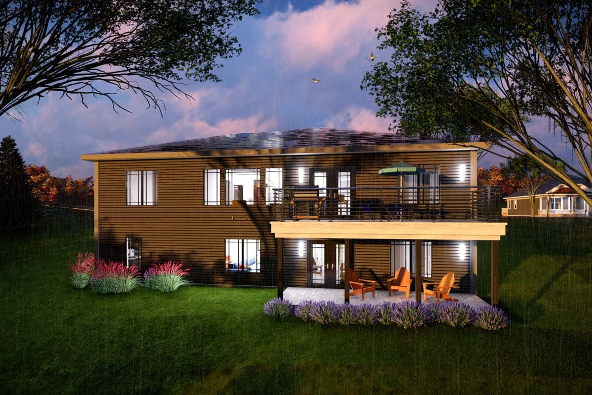 House plan exterior, two stories, with a large upper deck, lower patio, and multiple windows.