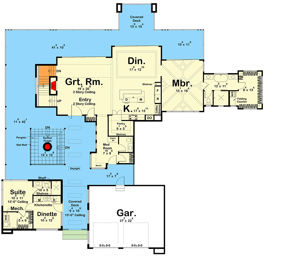 Plan 623348DJ: 2675 Sq Ft Mid Century Modern House Plan with 403 Sq Ft Apartment - Floor Plan - Main Level - Contemporary, Mid Century Modern, Modern