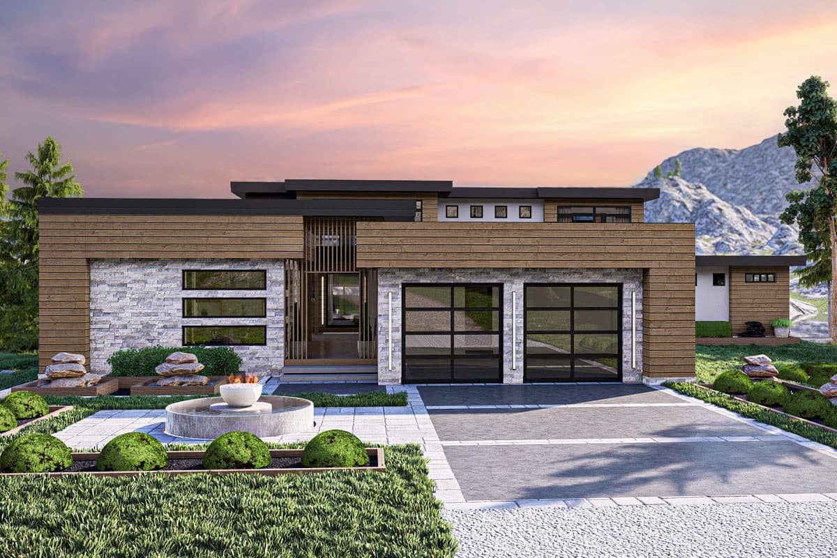 House plan exterior. Modern style, one-story home with wood siding, stone accents, and glass garage doors. Features include a flat roof and a water feature.