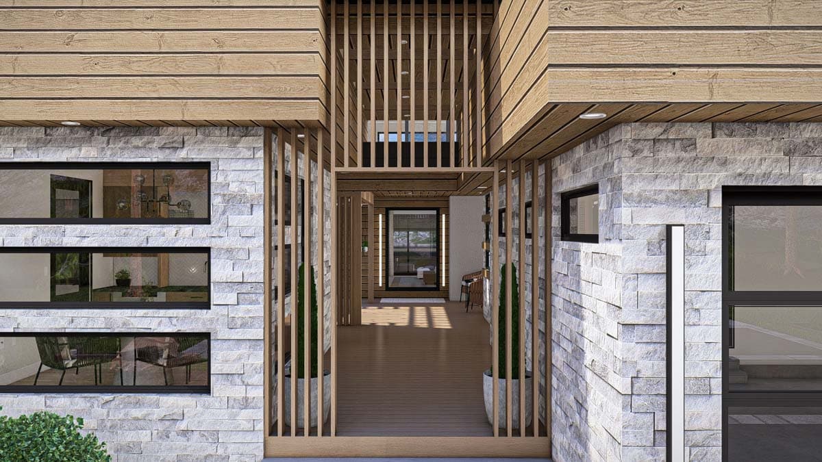Modern house exterior with stacked stone facade, horizontal wood siding, and slatted wood entryway.