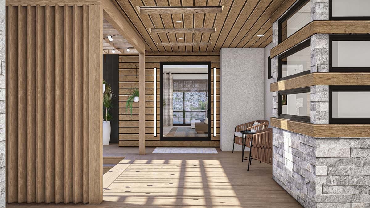 Modern house plan exterior with wood siding, stone base, horizontal windows, and slatted wood entryway.