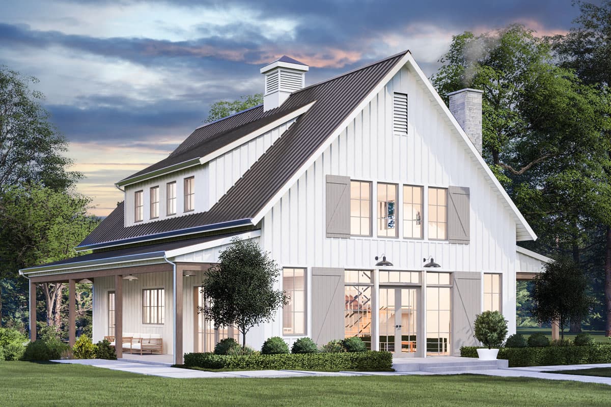 House plan exterior. Two-story Modern Farmhouse with gabled roof, dormers, and a covered porch. Features include board and batten siding.