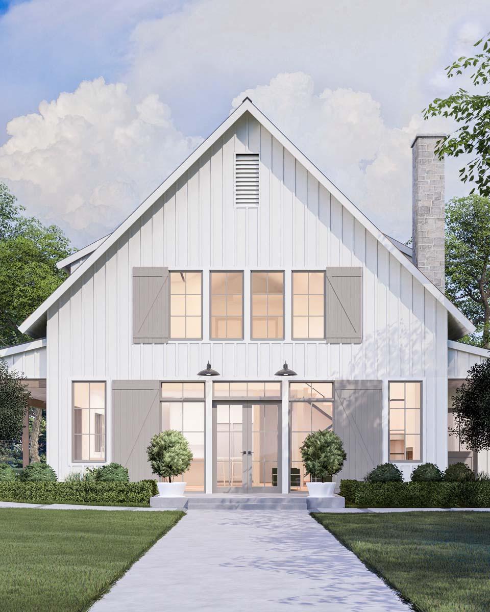 Modern Farmhouse house plan exterior with prominent gables, board-and-batten siding, large windows, and stone chimney.