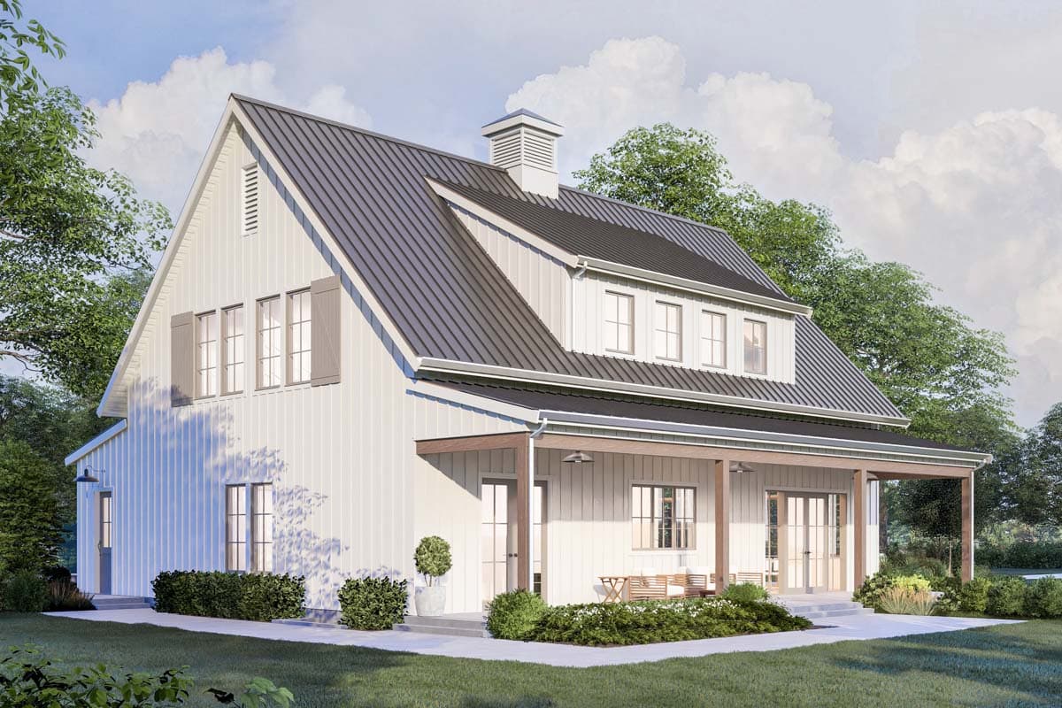 Modern Farmhouse house plan exterior with vertical siding, metal roof, gables, dormers, and a wraparound porch.