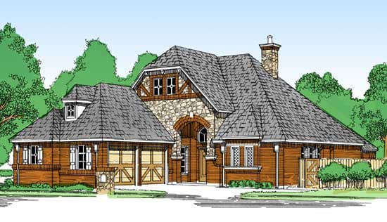 House plan exterior: Two-story home with prominent stone archway, attached garage, gambrel roof dormer, and multiple gables.