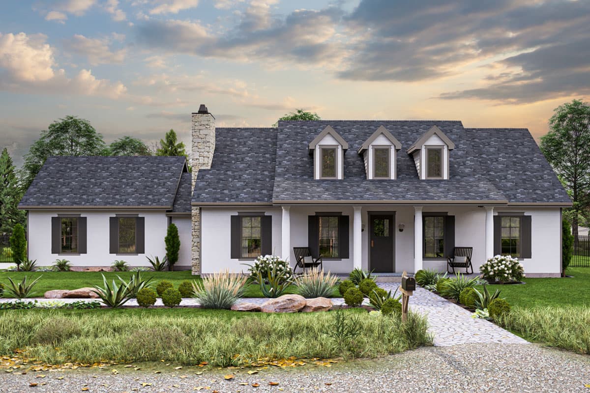 House plan exterior. One-story Ranch style home with dormers, front porch, and stone chimney. Features dark shutters and a central entry door.